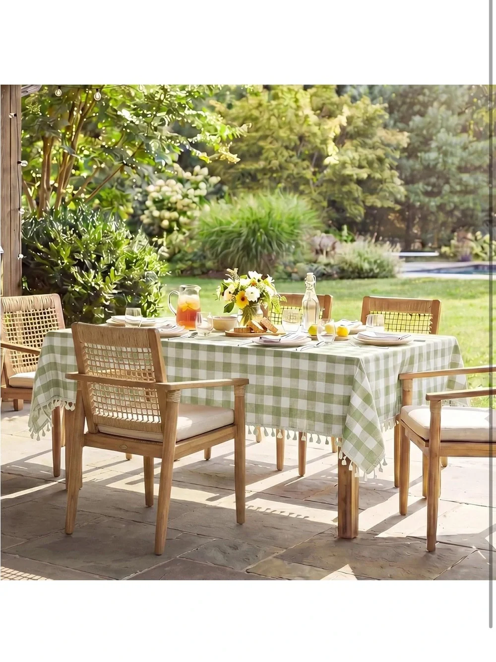 NEW Softalker Checkered Tablecloth With Tassels, Linen Cotton Gingham. Sage Grn